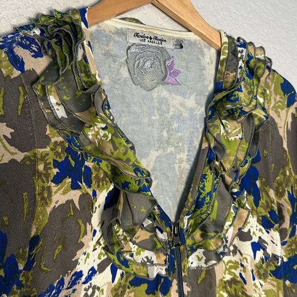Vintage Green Camo Ruffle Full Zip Cardigan Twelve By Twelve LA Indie Artsy Boho - Picture 3 of 6